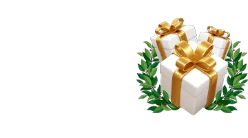 Приветственный бонус от Веб-казино Пинко с изображением ярких подарков и зелёных листьев.